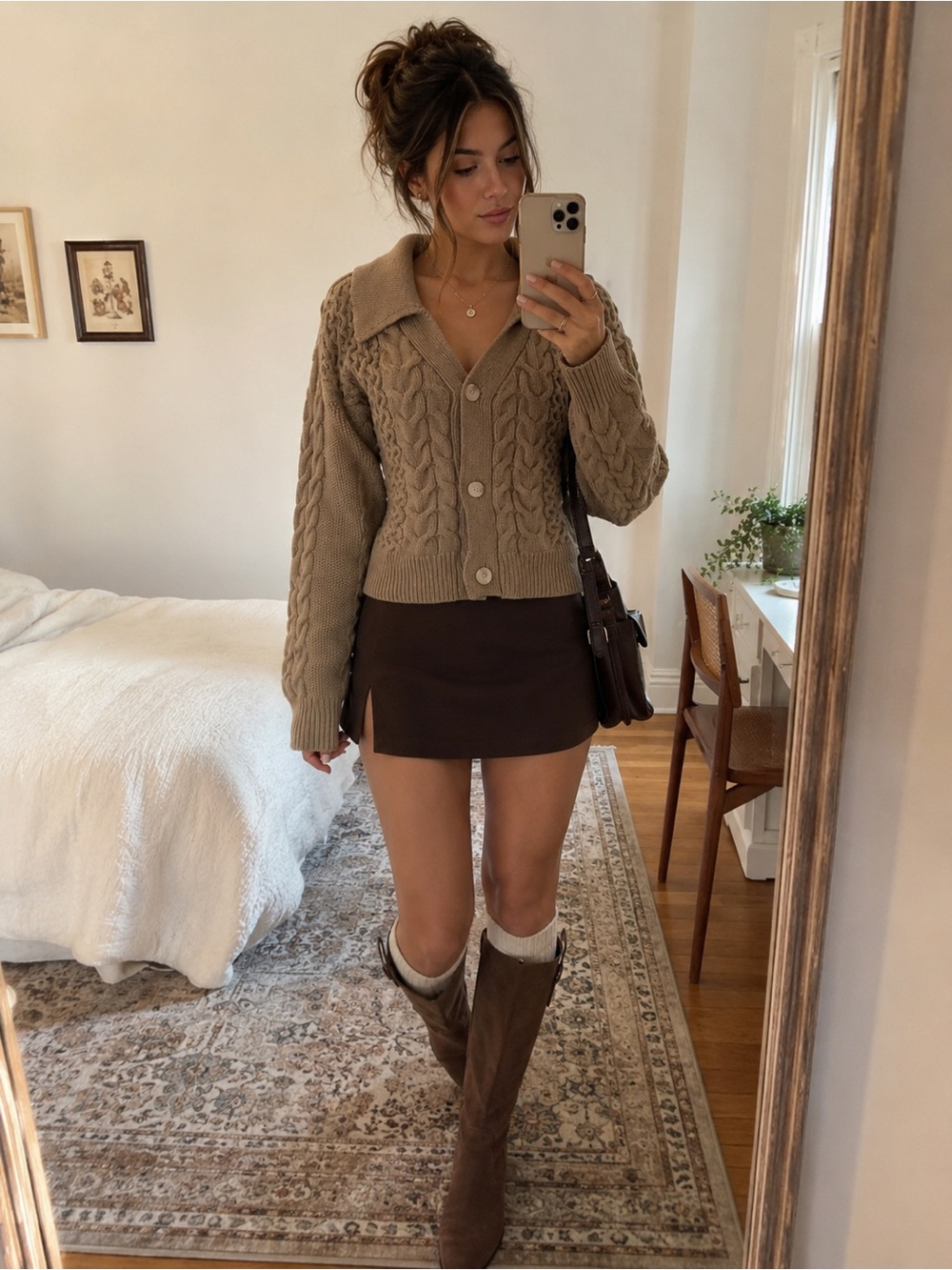 Parker Cable Knit Collared Cardigan Sweater Taupe Beige Cotton Blend
